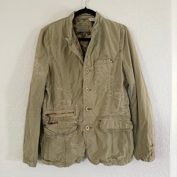 Triple Five Soul Jacket Khaki Floral Embroidered ButtonUp Military Coat Y2K READ - Picture 1 of 12